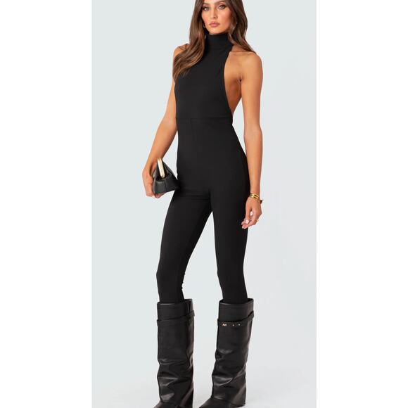 NWT Edikted Women's Black Aero Open Back Halter Sleeveless Jumpsuit Size Medium - Picture 3 of 8